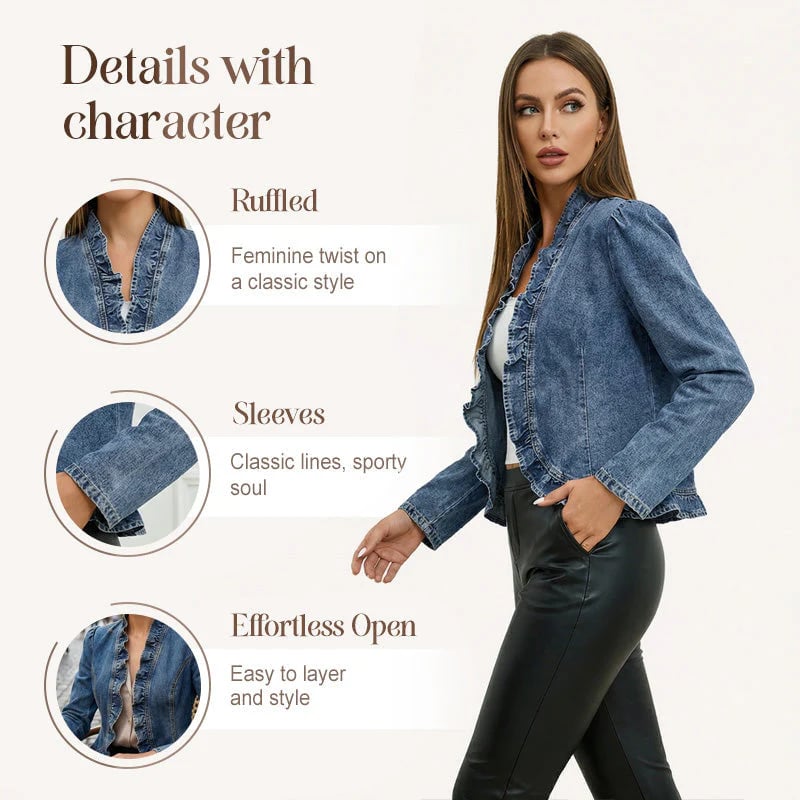 ⏳50% off⏰Women's Ruffle Trim Open-Front Denim Jacket🧥