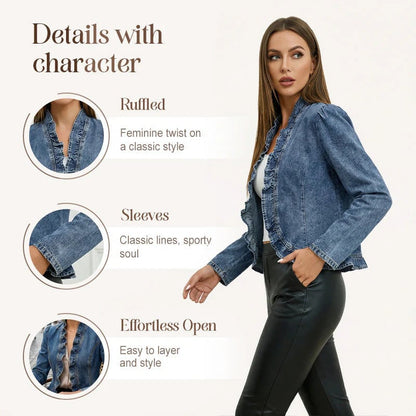 ⏳50% off⏰Women's Ruffle Trim Open-Front Denim Jacket🧥