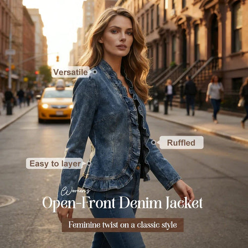⏳50% off⏰Women's Ruffle Trim Open-Front Denim Jacket🧥