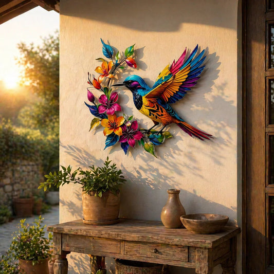 Arte de pared de metal Colibrí Florecido