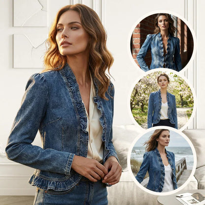 ⏳50% off⏰Women's Ruffle Trim Open-Front Denim Jacket🧥
