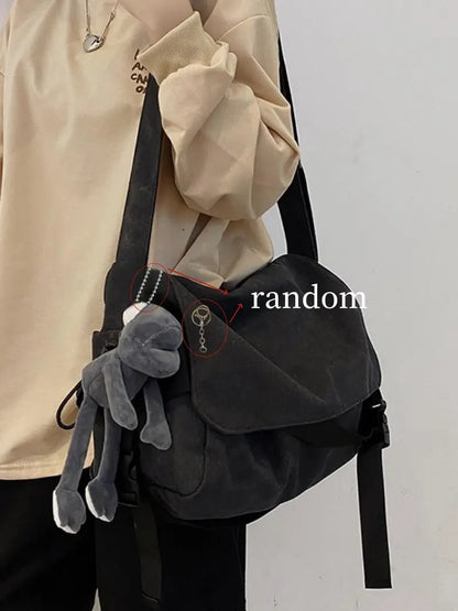 Solid Color Trendy Versatile Crossbody Bag with Cartoon Charm