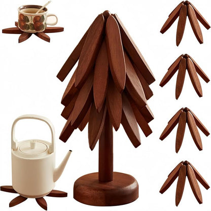 ✨🎄Natural Tree Trivet Set - 4 Wooden Trivets & 1 Stand Like a Christmas Tree🎄