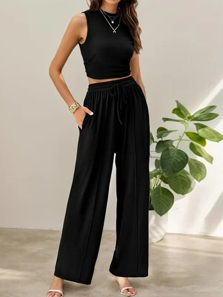 Women's Summer 2-Piece Outfits - Ribbed Knit Crew Neck Sleeveless Cropped Top & Wide Leg Pants Lounge Set.