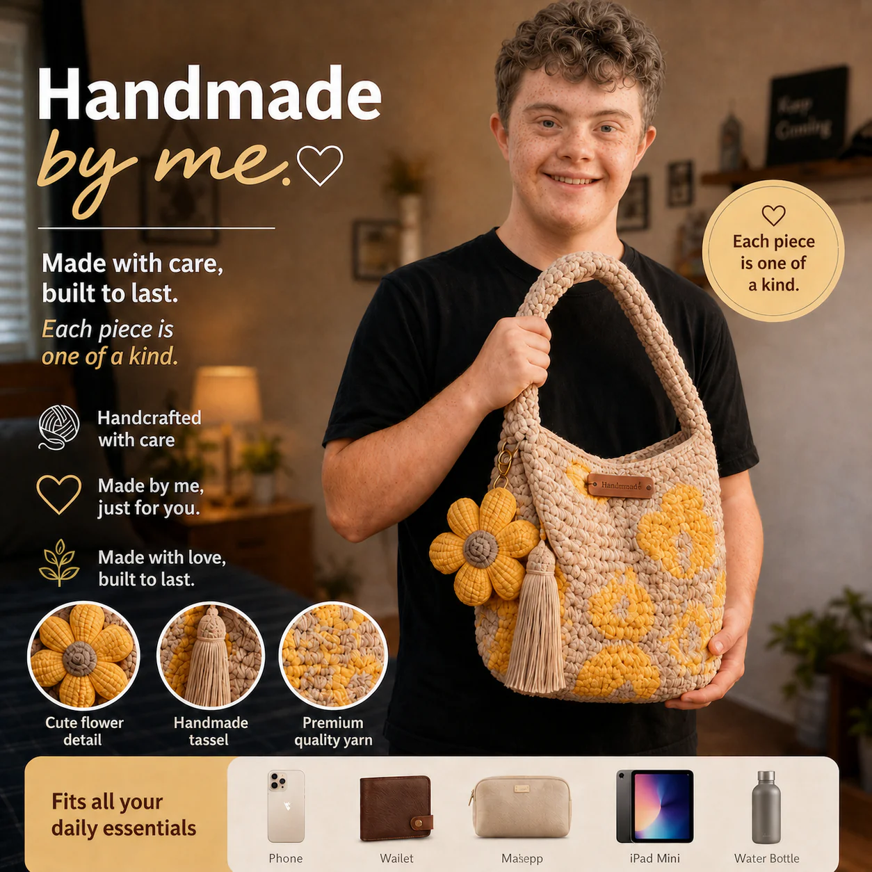 Bolso floral cubo tejido a mano