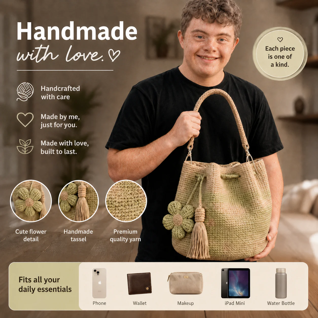 Bolso floral cubo tejido a mano
