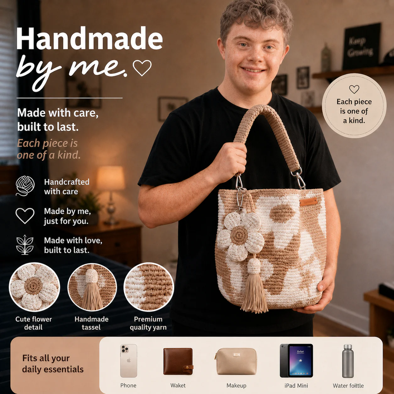 Bolso floral cubo tejido a mano