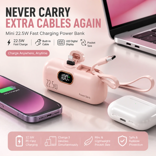 Batería externa de bolsillo con cable incorporado Carga rápida 22,5W