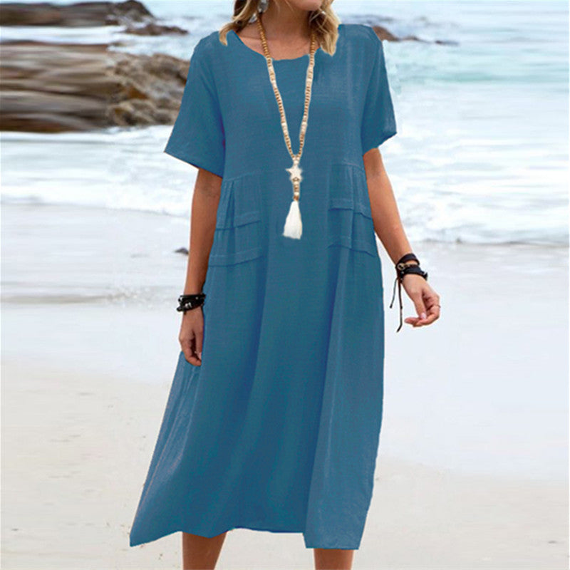 🔥New Arrival 2025🔥💃Women's Round Neck Cotton Linen Midi Dress