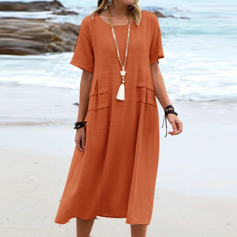 🔥New Arrival 2025🔥💃Women's Round Neck Cotton Linen Midi Dress