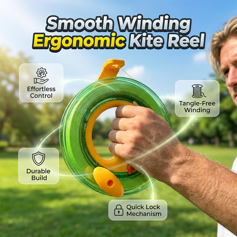 Ergonomic kite winder with lock and hand wheel, suitable for kites, fishing