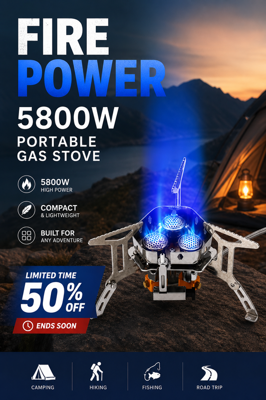 📢📢 ¡50% DE DESCUENTO! ⏰Hornilla de Gas para Camping – 5800W, Encendido Piezoeléctrico, Cortavientos 🔥